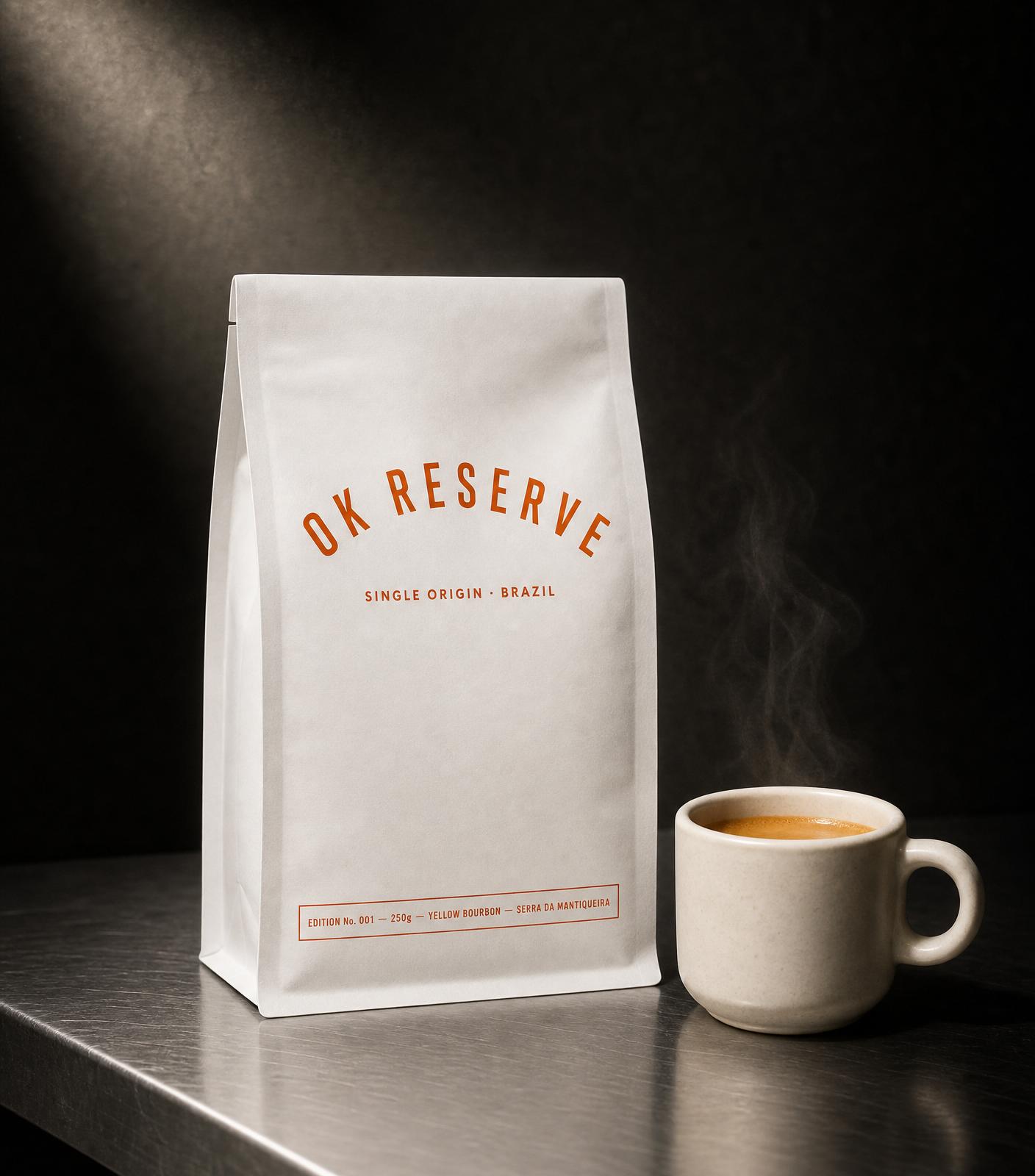 OK Reserve matte white coffee bag with single-origin Brazil labeling
