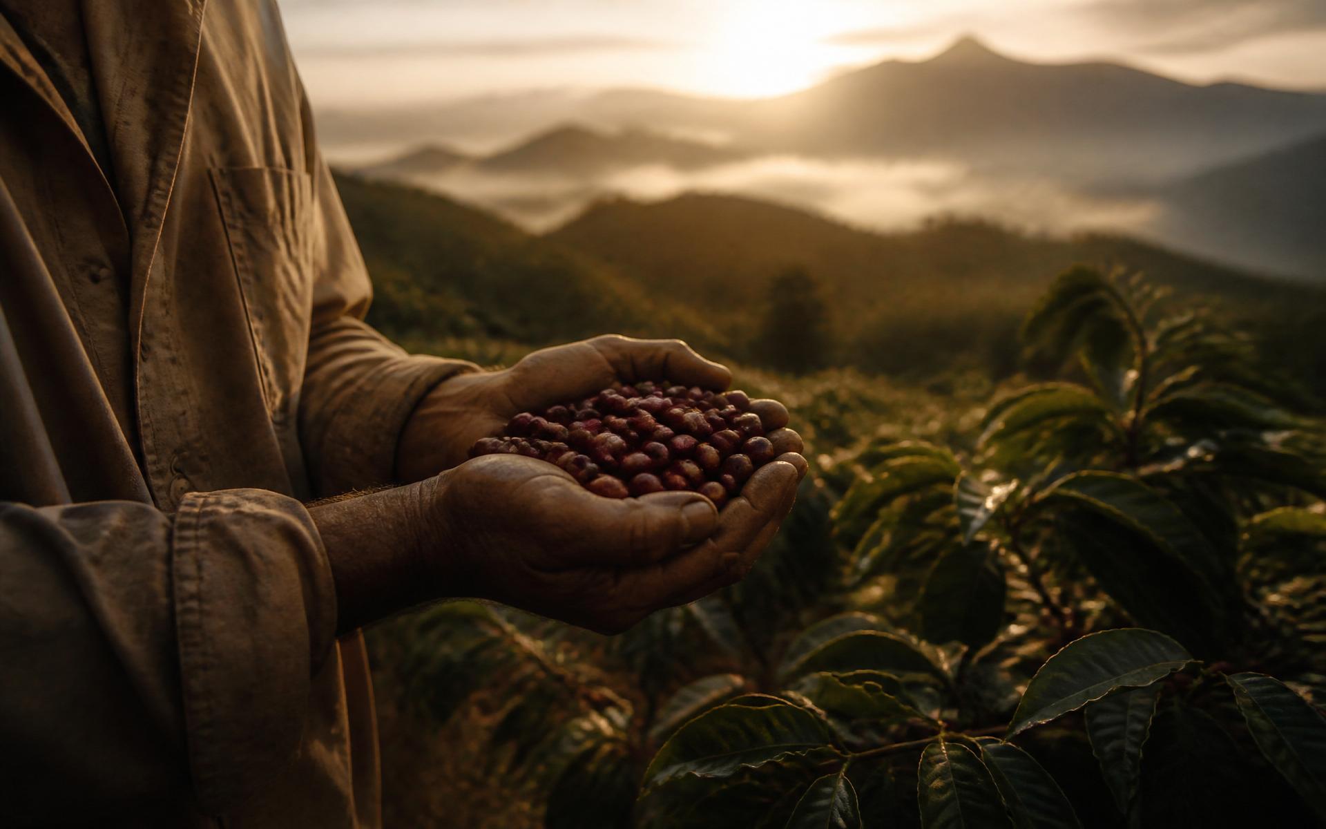 A Brazilian coffee farmer holding freshly picked red cherries at sunrise in the Mantiqueira highlands
