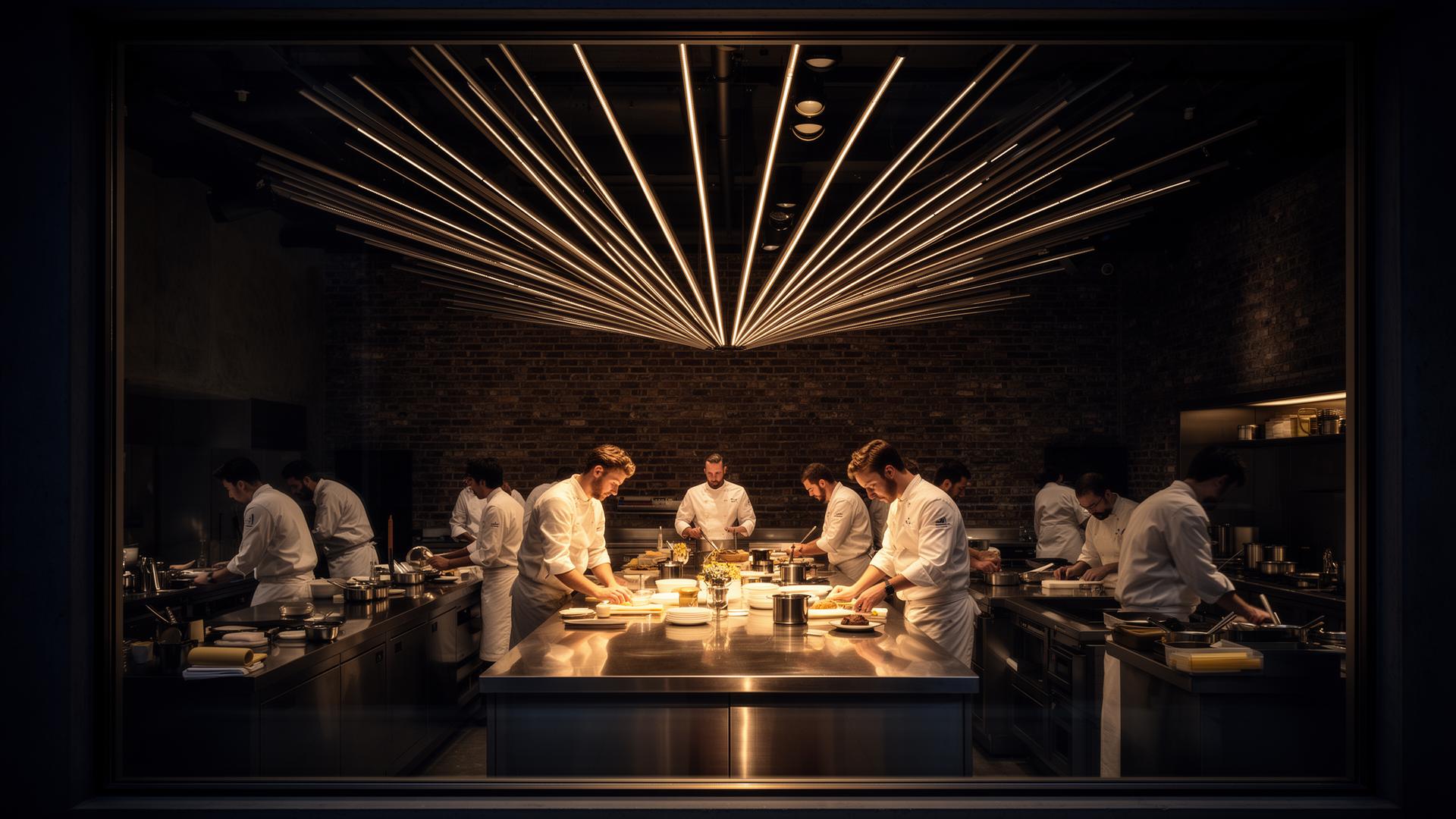 Chefs at work behind glass in the Club Pie open kitchen